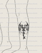 Skull wing key tattoo stencil displayed on lower leg placement, cyber tribal linework, horned skull, wing frame, chain charm detail.