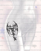 Skull winged key tattoo stencil displayed on hip placement, cyber sigil style structure, sharp wings, chain charm, bold readable silhouette.