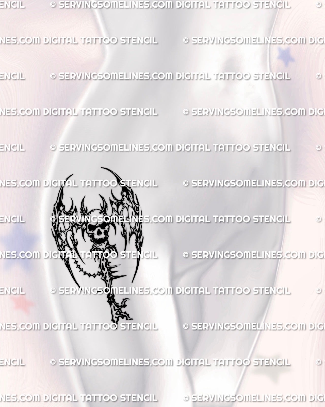 Skull winged key tattoo stencil displayed on hip placement, cyber sigil style structure, sharp wings, chain charm, bold readable silhouette.