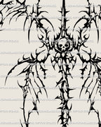 Ornamental cyber tribal wings art with gothic skull detail, drawn as cybersigilism back tattoo stencil for men and women.