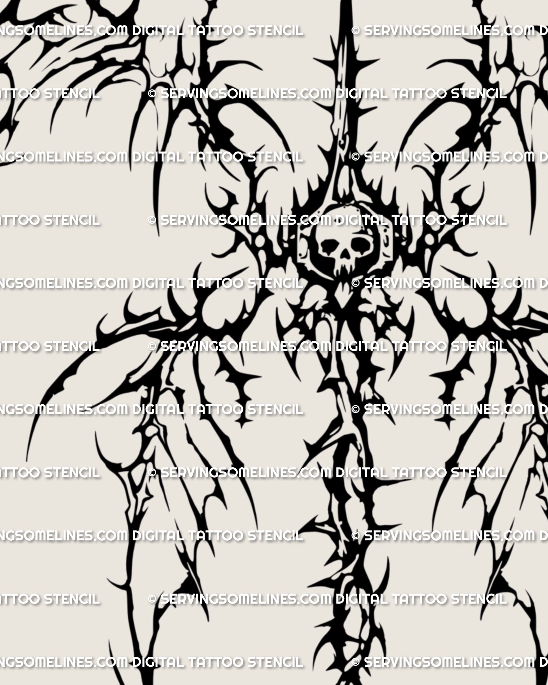 Ornamental cyber tribal wings art with gothic skull detail, drawn as cybersigilism back tattoo stencil for men and women.