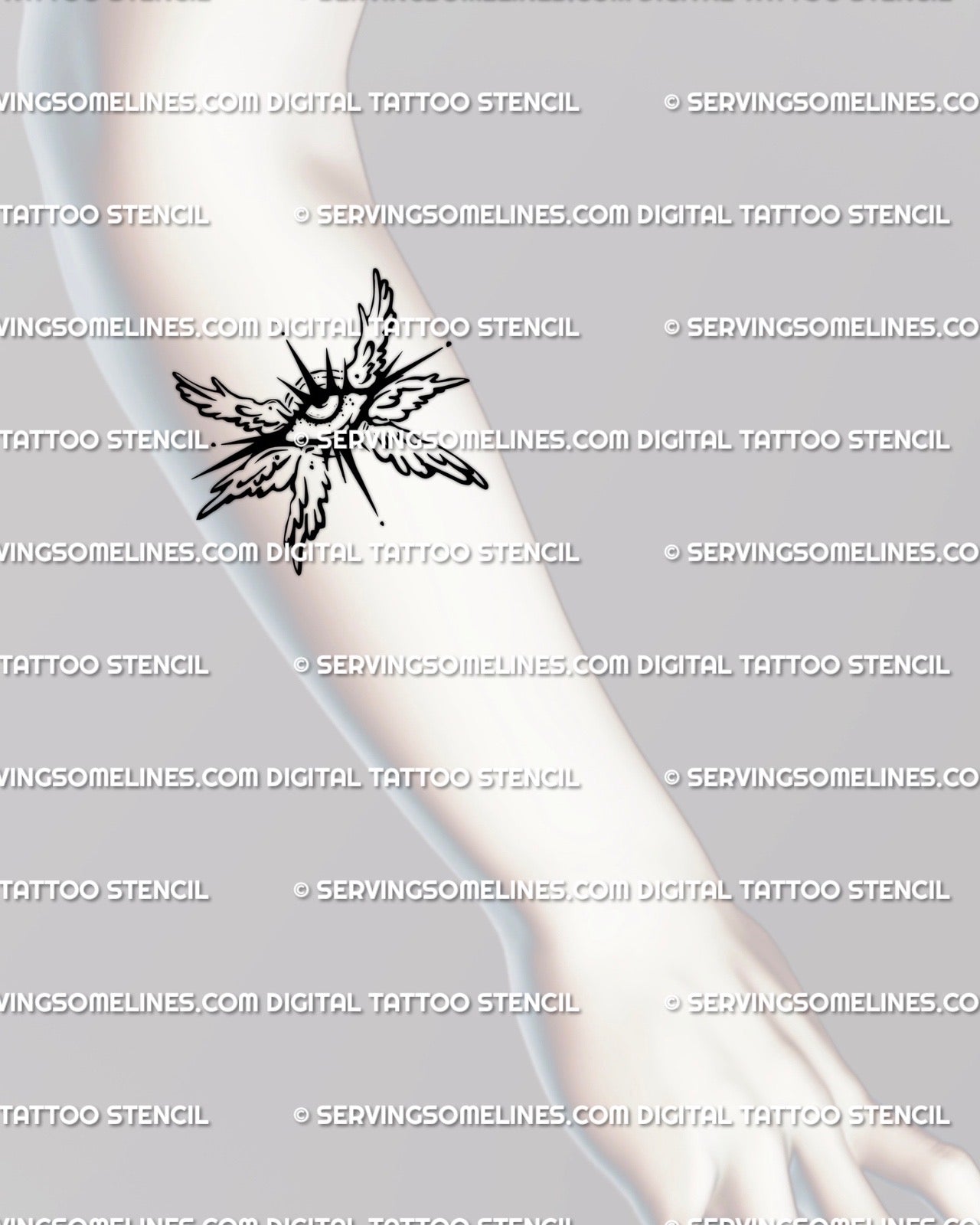 Small all-seeing eye tattoo stencil shown on forearm, digital line art with six wings in balanced symmetry, minimalist feminine vibe. 