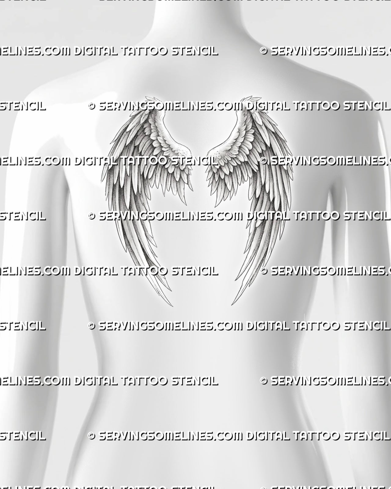 Small angel wings back tattoo shown on women's upper back, with lighter feather detail and a softer feminine placement preview.