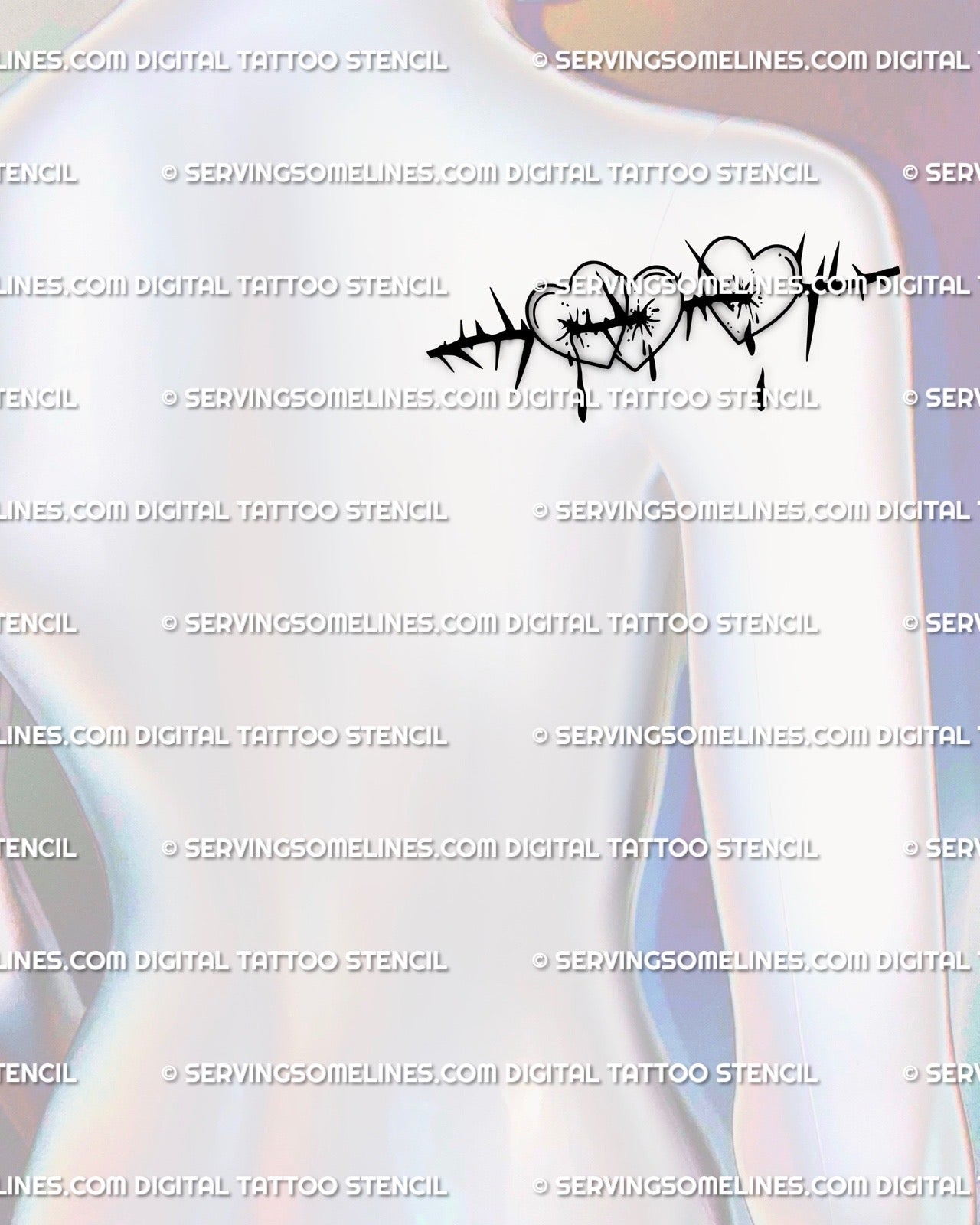 Small bleeding heart tattoo flash on back shoulder, thorn and barbed wire design for sad love symbolic minimalist tattoos.