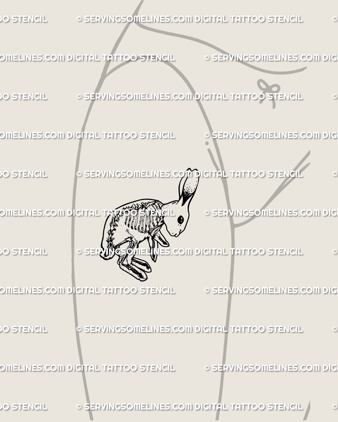 Small creepy cute bunny skeleton tattoo on front thigh, minimalist gothic rabbit bones blackwork design.