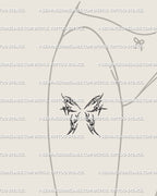 Small butterfly thigh tattoo design in feminine cybersigilism pattern, delicate cyber aesthetic perfect for leg placement