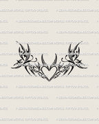 detailed outline of a small butterfly tribal heart tattoo stencil with balanced symmetrical curves made for mini lower back or waistline tattoos
