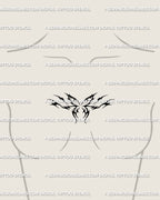 Small butterfly tattoo displayed on women’s chest center, flaming neotribal wings in elegant cyber-tribal linework and gothic tone.