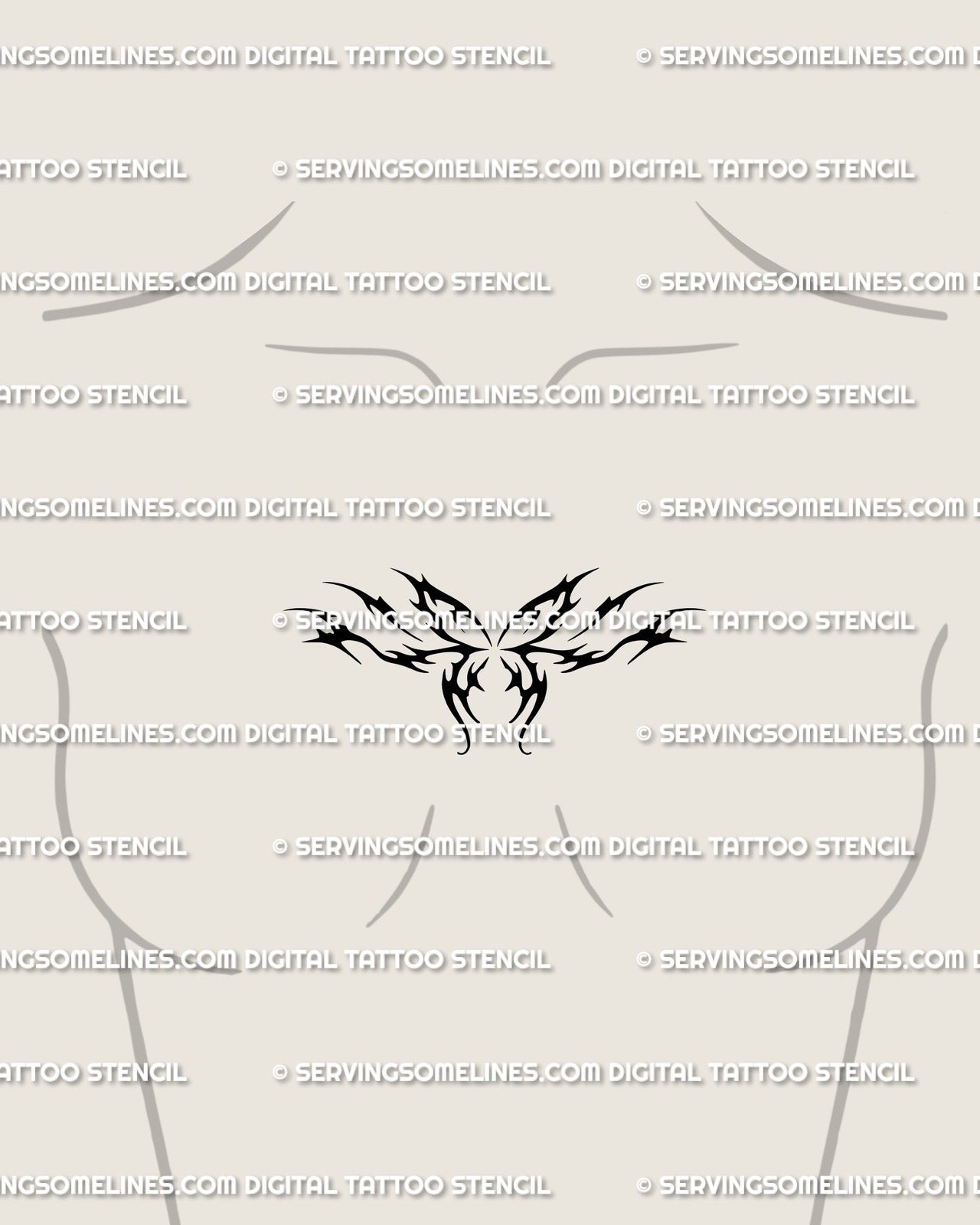 Small butterfly tattoo displayed on women’s chest center, flaming neotribal wings in elegant cyber-tribal linework and gothic tone.