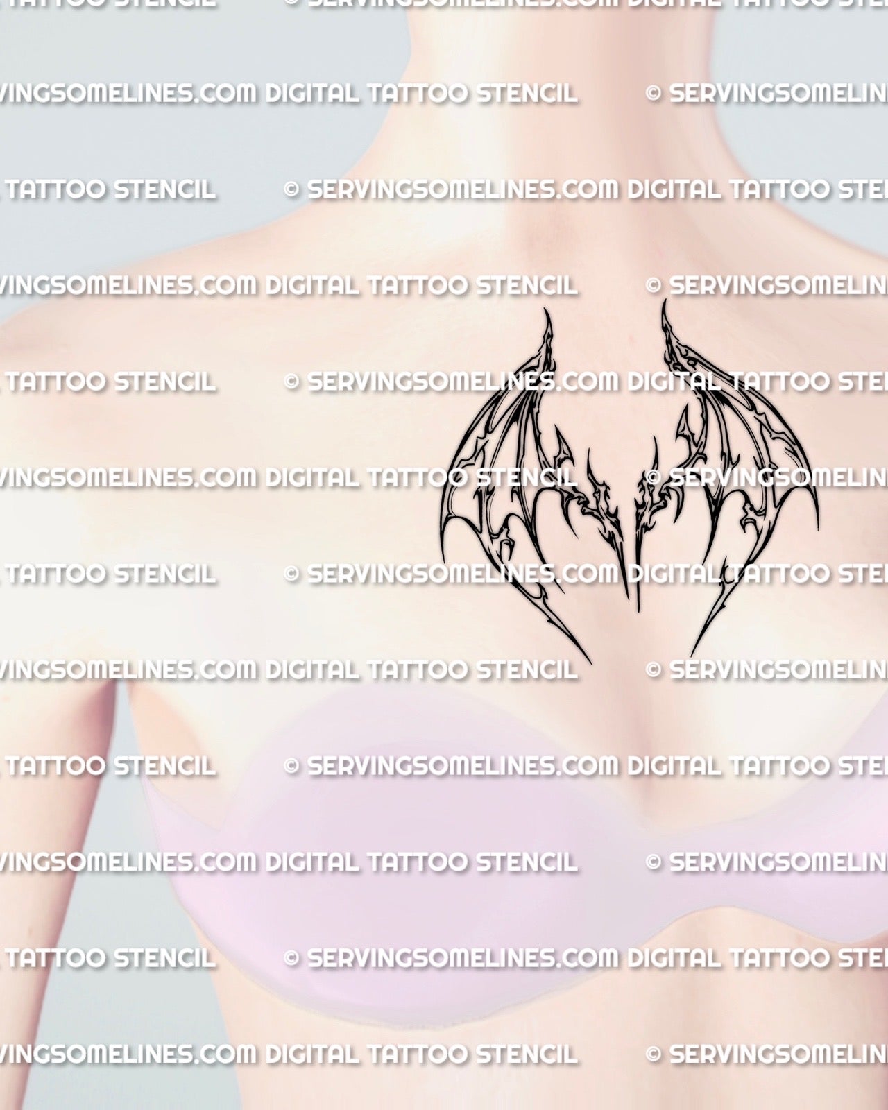 Small women’s chest wing stencil example, sharp bat-wing outline with cyber cuts, compact center placement, instant file download