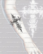 Small cross tattoo with skull detail shown on forearm placement, simple outlined tattoo stencil digital download.