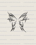 Minimal cybersigilism butterfly tattoo design, delicate fine-line pattern for feminine or abstract placements
