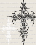 Small cyber cross tattoo stencil with skull center, minimalist linework design for modern edgy tattoos
