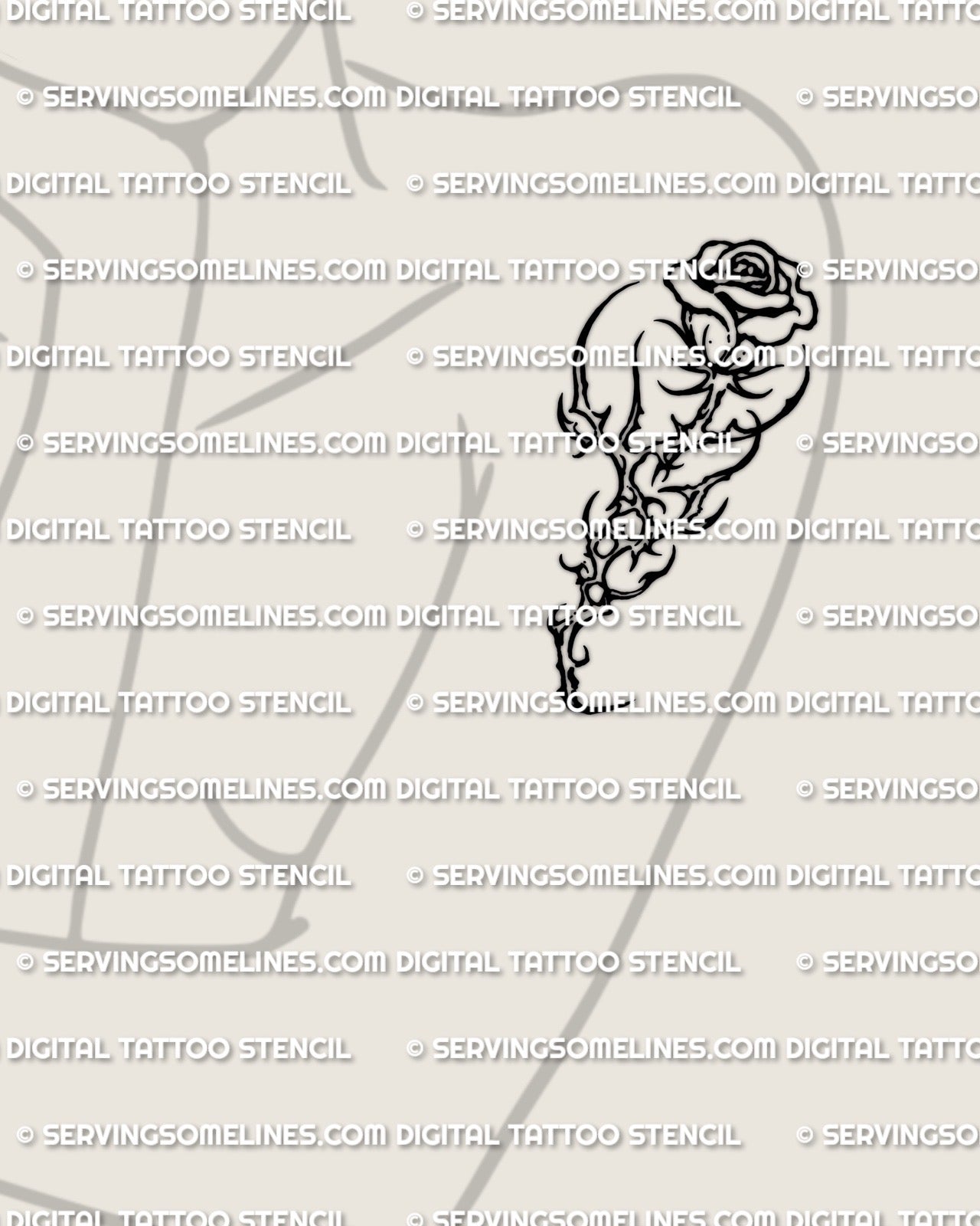 Small cyber rose tattoo stencil displayed on womens shoulder blade placement example.