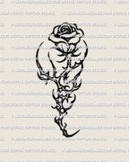 Small cybersigilism rose tattoo stencil preview, compact bloom and thorned stem silhouette.