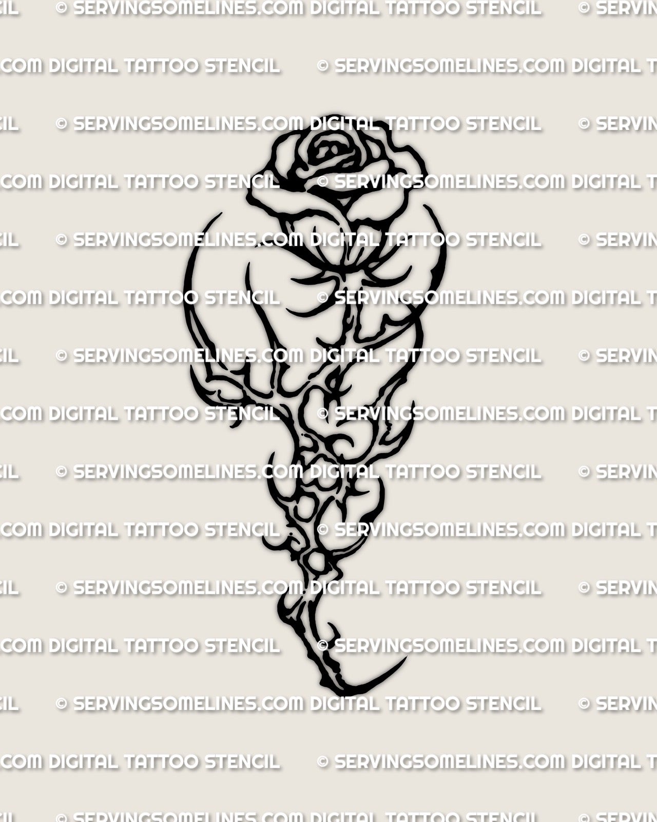 Small cybersigilism rose tattoo stencil preview, compact bloom and thorned stem silhouette.