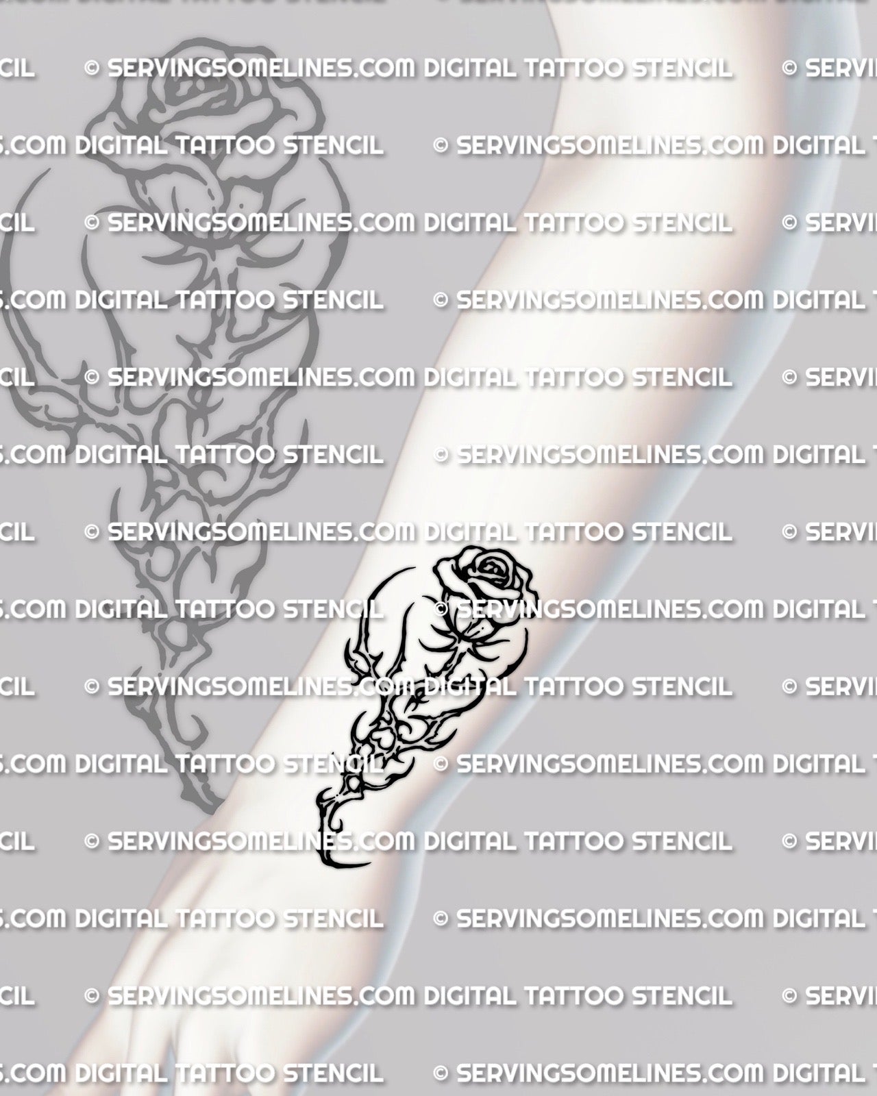 Small cybersigilism rose tattoo stencil displayed on wrist placement example, compact and readable.