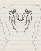 smaller cyber dragon wings tattoo on women’s upper back, compact cybersigilism wings with sharp creature lines for feminine back tattoo ideas
