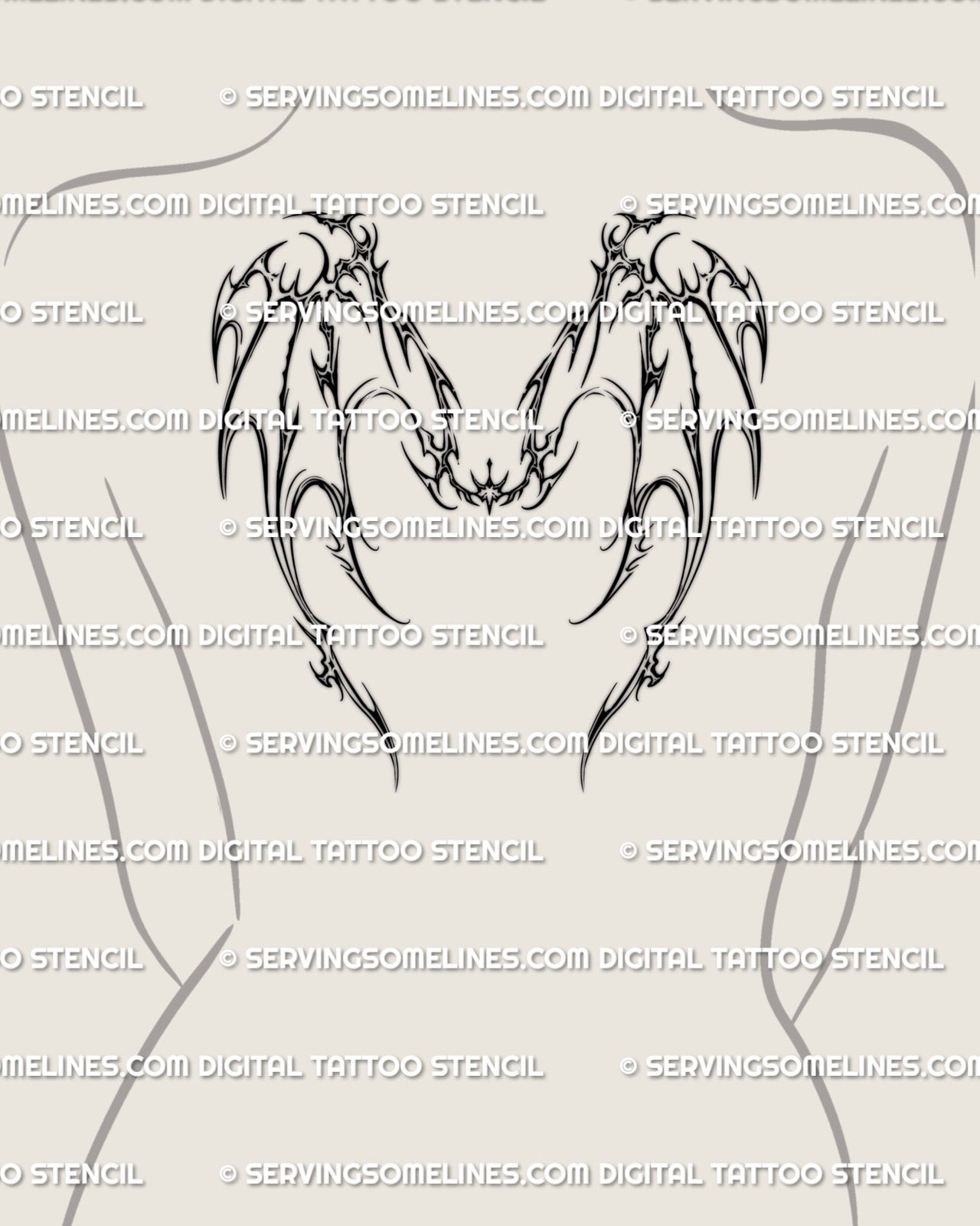 smaller cyber dragon wings tattoo on women’s upper back, compact cybersigilism wings with sharp creature lines for feminine back tattoo ideas
