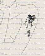 small gothic fairy tattoo shown on woman’s arm placement, black outline style with flaming wings and fantasy silhouette 