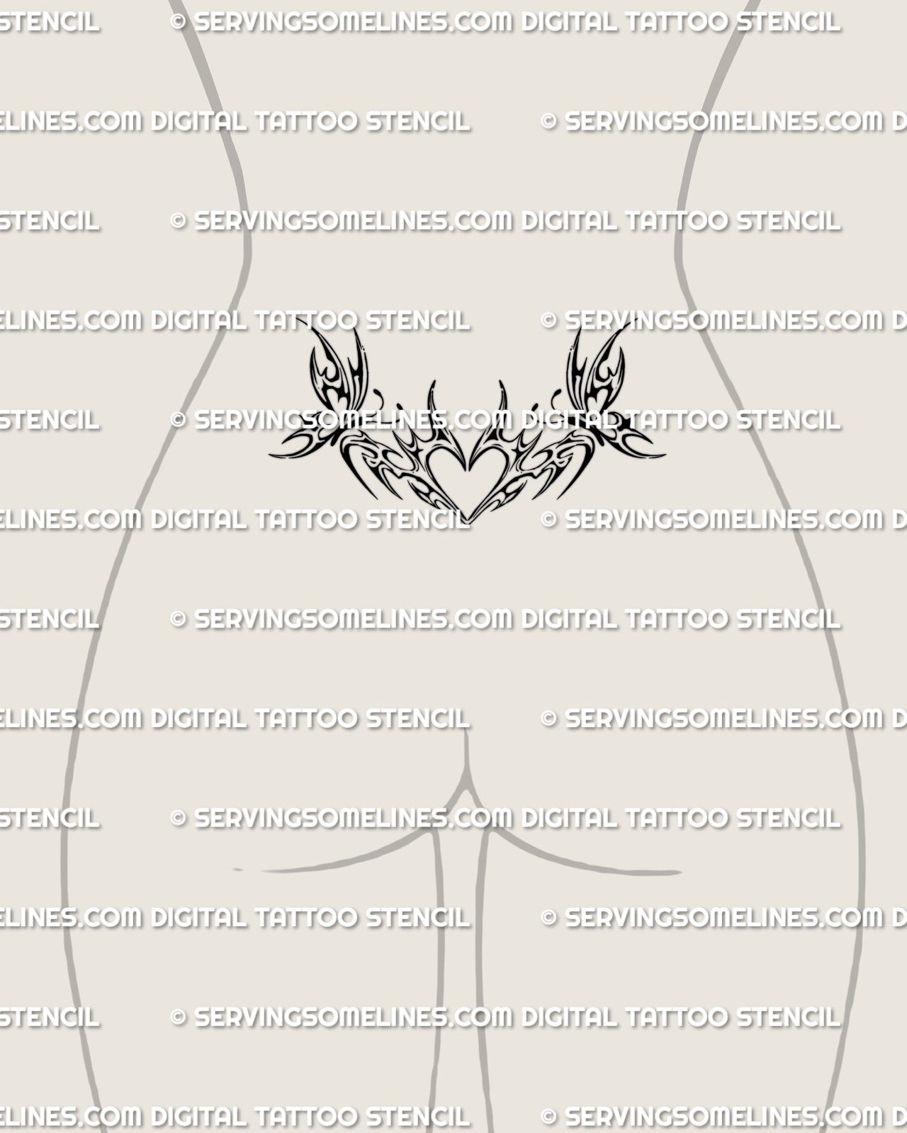 Small feminine heart butterfly lower back tattoo stencil download shown on lower back placement with compact side motifs.