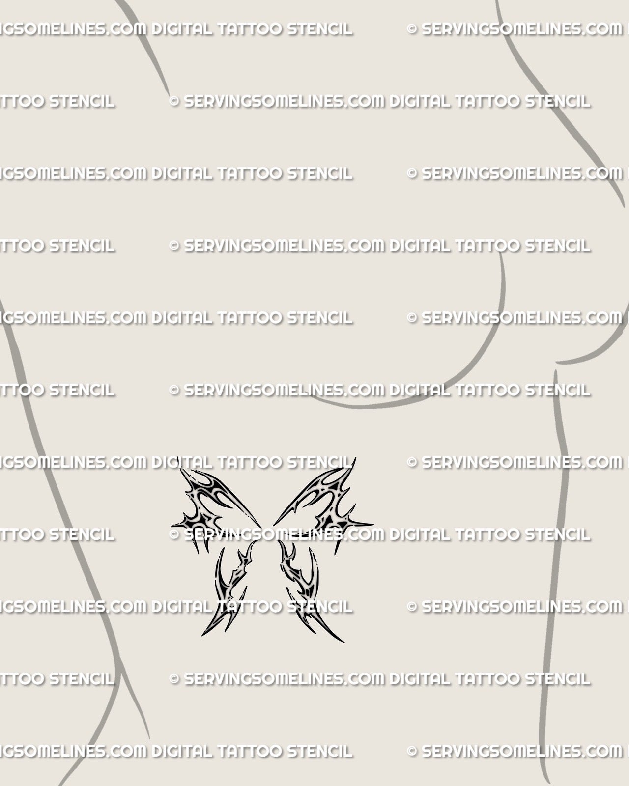 Small feminine wing tattoo stencil shown on ribs placement preview, abstract wing emblem with clean download files.