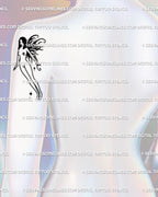 small gothic fairy tattoo shown on shoulder, elegant silhouette with black flaming wings and minimalist fantasy style 