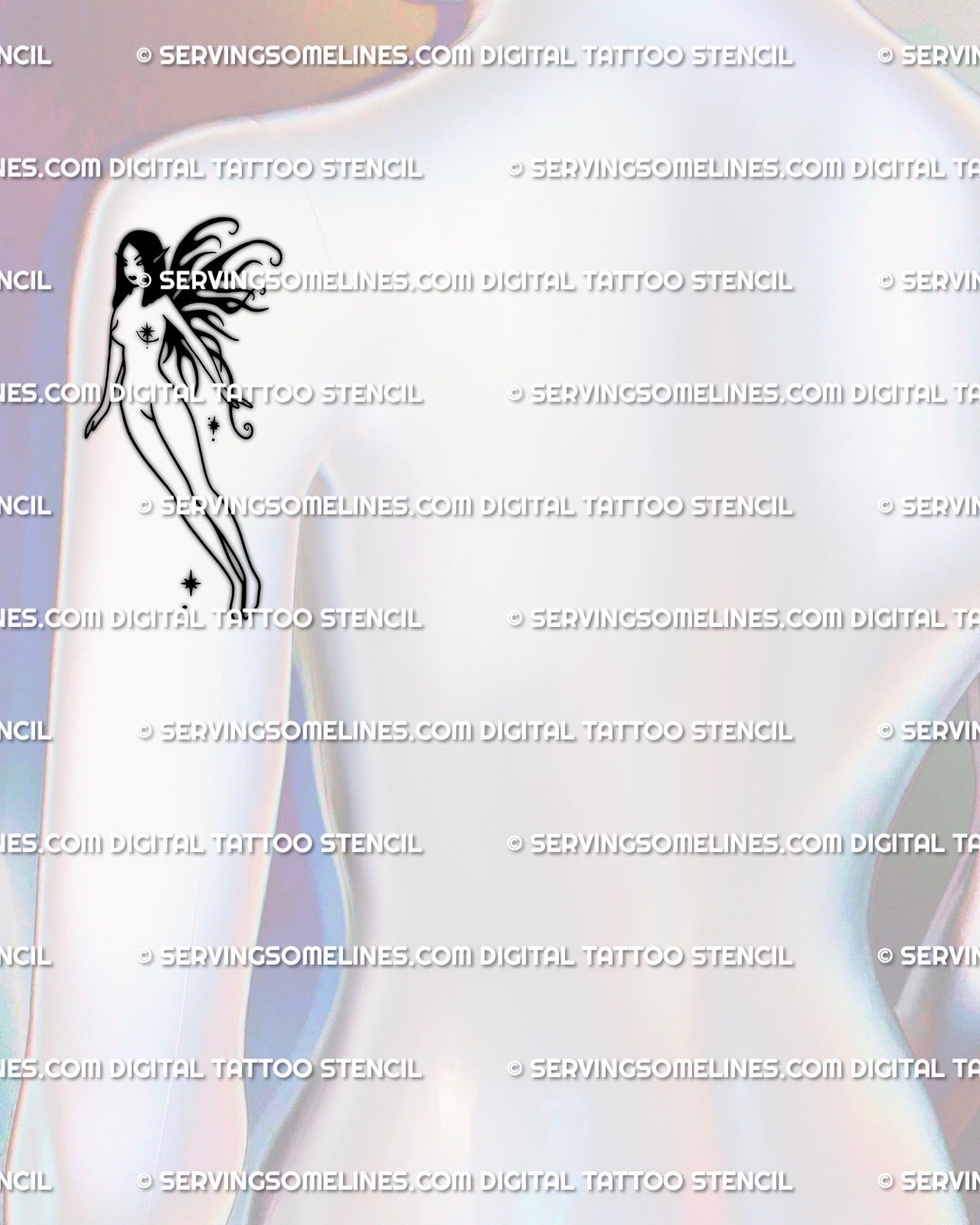 small gothic fairy tattoo shown on shoulder, elegant silhouette with black flaming wings and minimalist fantasy style 