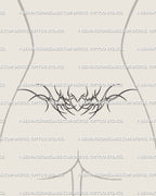 Preview of a small-sized heart tramp stamp tattoo stencil on feminine lower back with mirrored side lines and a sharp heart center