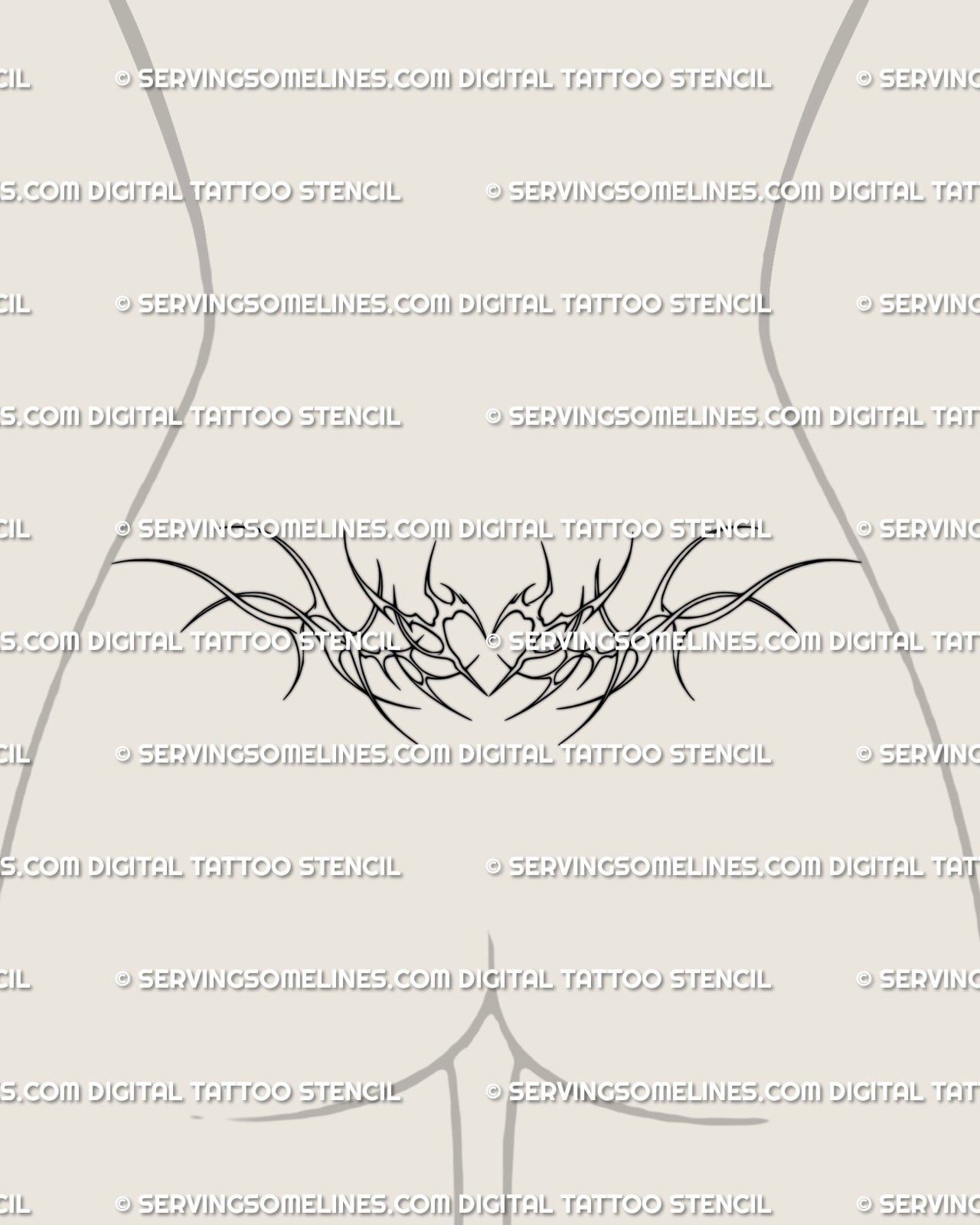 Preview of a small-sized heart tramp stamp tattoo stencil on feminine lower back with mirrored side lines and a sharp heart center
