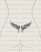 Women’s lower back preview of a small lower back wings tattoo stencil with a balanced feathered spread