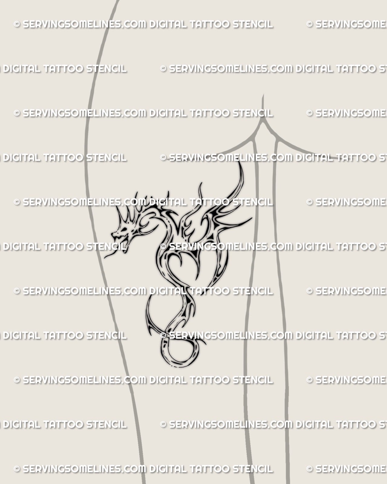 Small minimal dragon tattoo stencil shown on back of thigh placement with a clean modern shape for digital download use