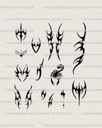 Small neotribal tattoo flash sheet design download with tiny cyber symbols, hearts, spikes, and printable stencil files