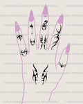 Small neotribal tattoo flash sheet preview shown on hand and fingers with tiny cyber symbols and gothic accents
