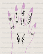 Small neotribal tattoo flash sheet preview shown on hand and fingers with tiny cyber symbols and gothic accents