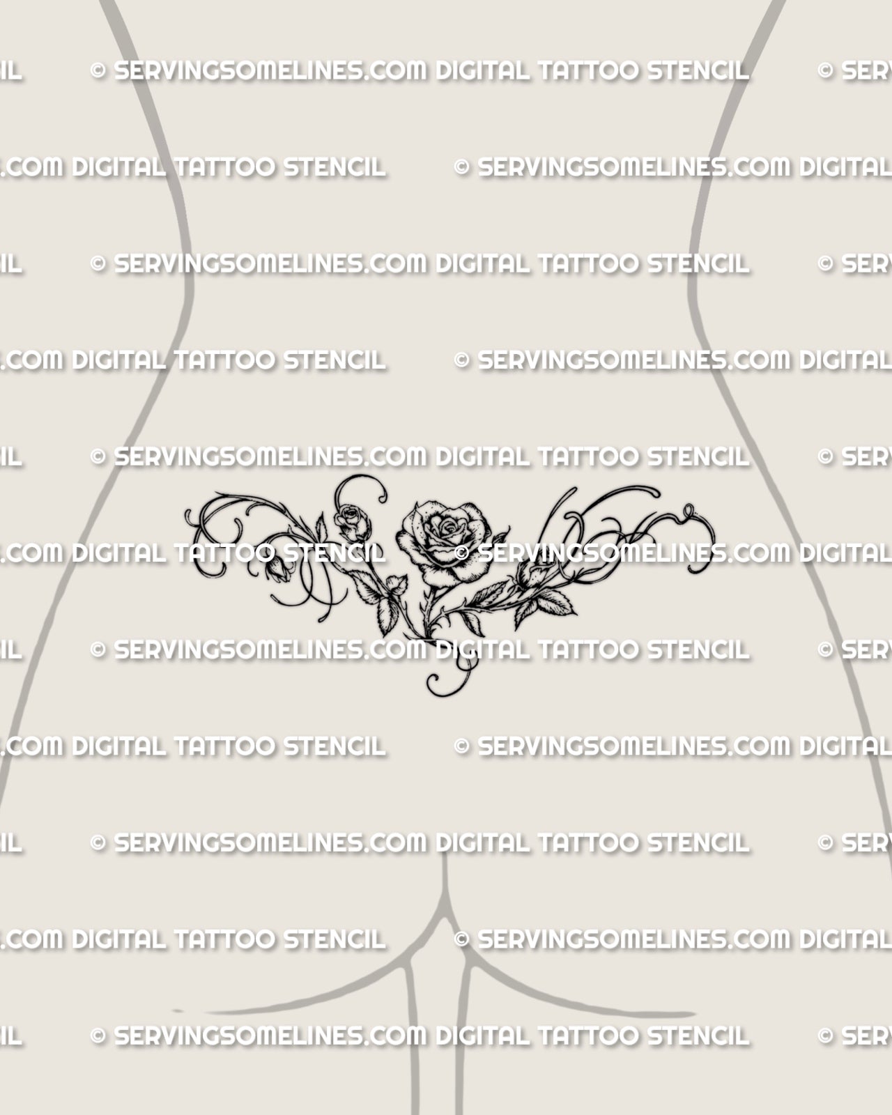 Smaller lower back example of the rose tattoo design, showing a softer floral fit across the waist.