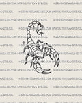 Small scorpion tattoo stencil with clean outline work, tiny sparkle accents, open claws, and a heart-shaped stinger