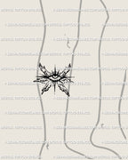 Digital tattoo stencil of small seraphim eye design placed on lower leg, spiky wings wrapping softly around the calf area in symmetry. 