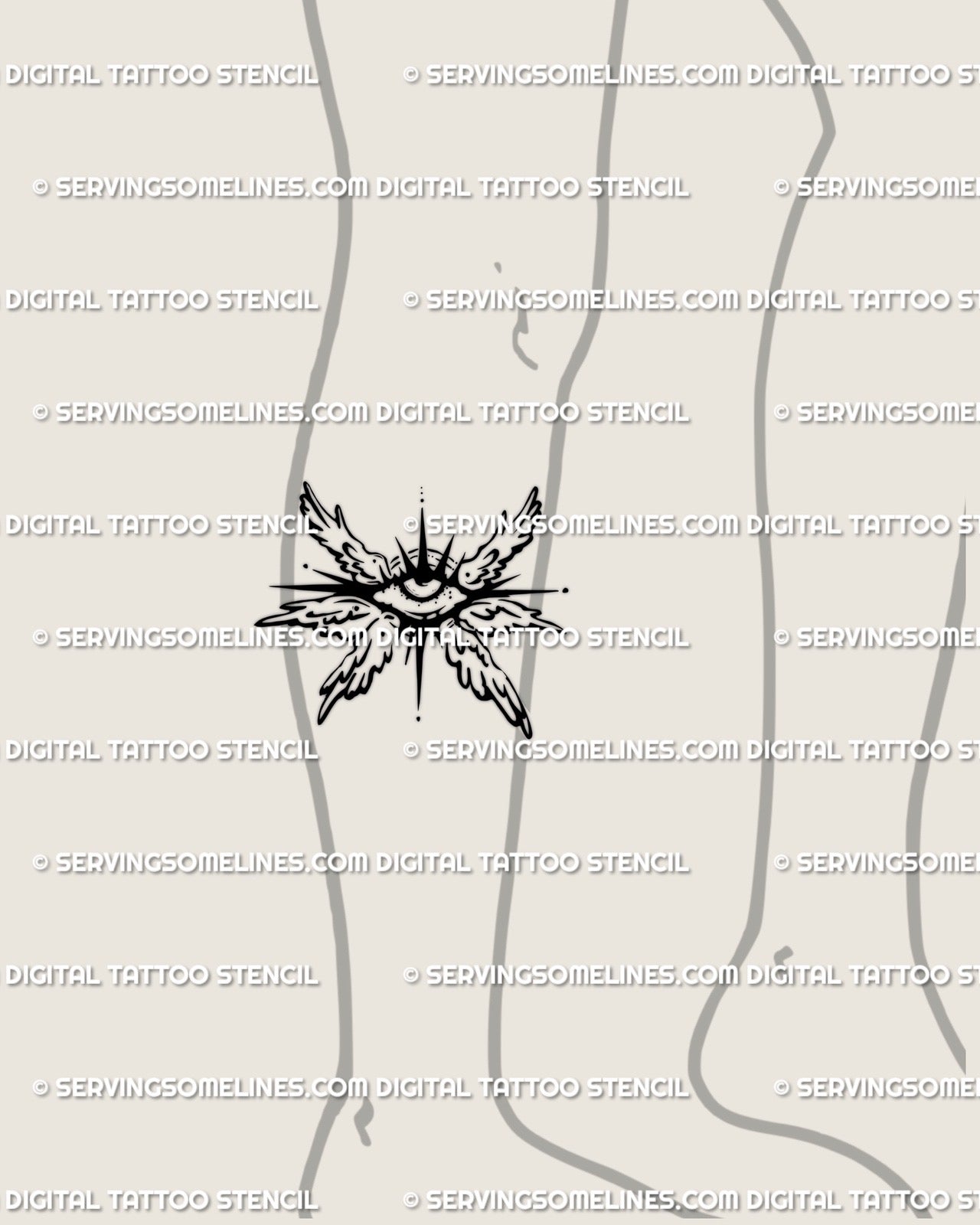 Digital tattoo stencil of small seraphim eye design placed on lower leg, spiky wings wrapping softly around the calf area in symmetry. 