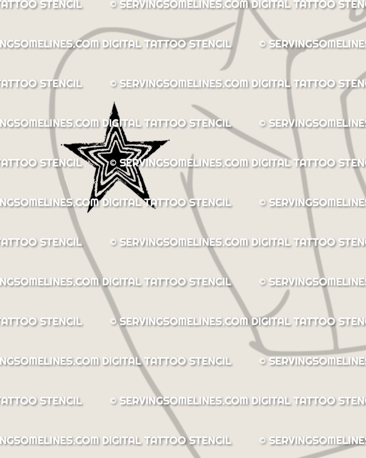 Small star tattoo stencil on womens upper arm placement, sharp five point star outline with thin inner line, printable stencil file download
