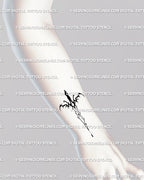 Digital tattoo stencil preview on wrist outer placement, showing minimalist neo-tribal sword tattoo design, clean gothic linework for small tattoos. 