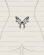 Small cybertribal ribbon tattoo on lower back, coquette bow stencil with heart and horns, cute feminine tramp stamp design idea.