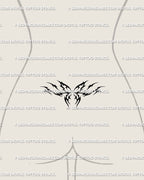 Small tramp stamp butterfly tattoo displayed on lower-back placement, flaming neotribal wings with cyber gothic fine lines.