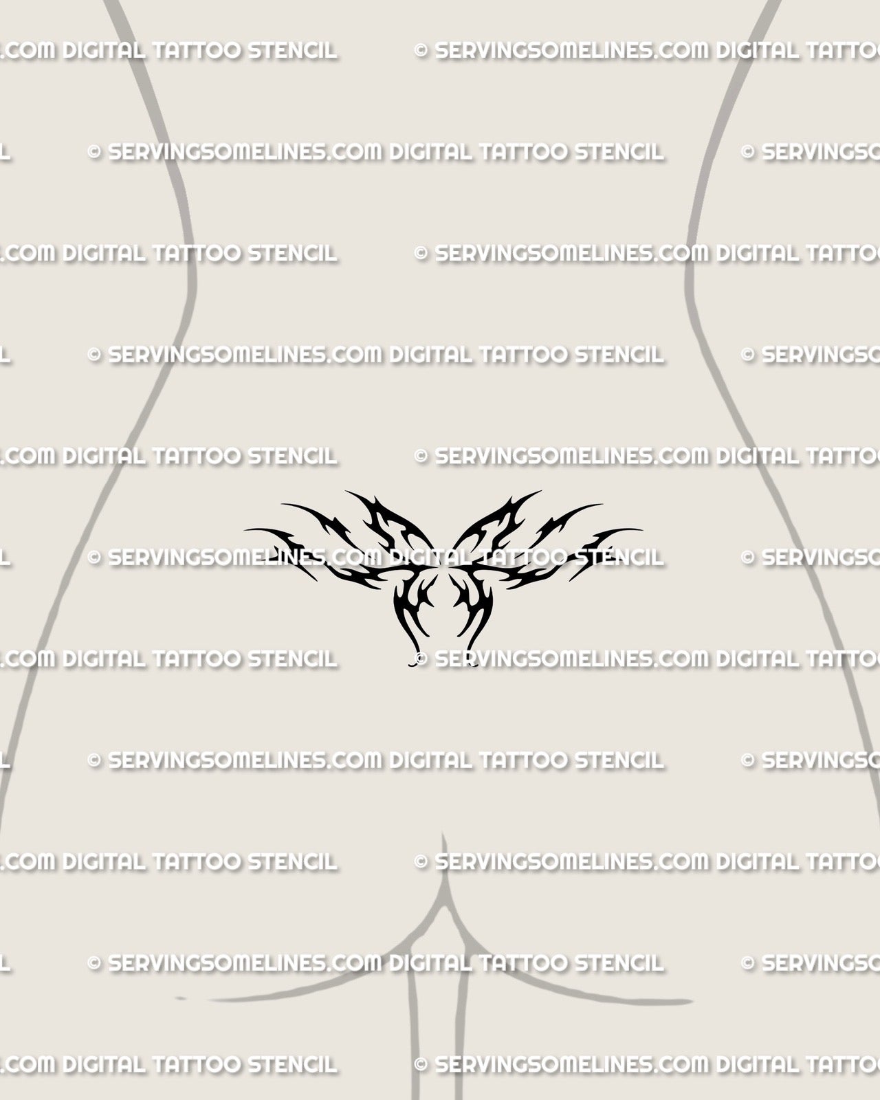 Small tramp stamp butterfly tattoo displayed on lower-back placement, flaming neotribal wings with cyber gothic fine lines.