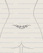 Minimal cyber tribal heart tattoo displayed on lower back, modern tramp stamp design with feminine winged shape and digital linework details. 