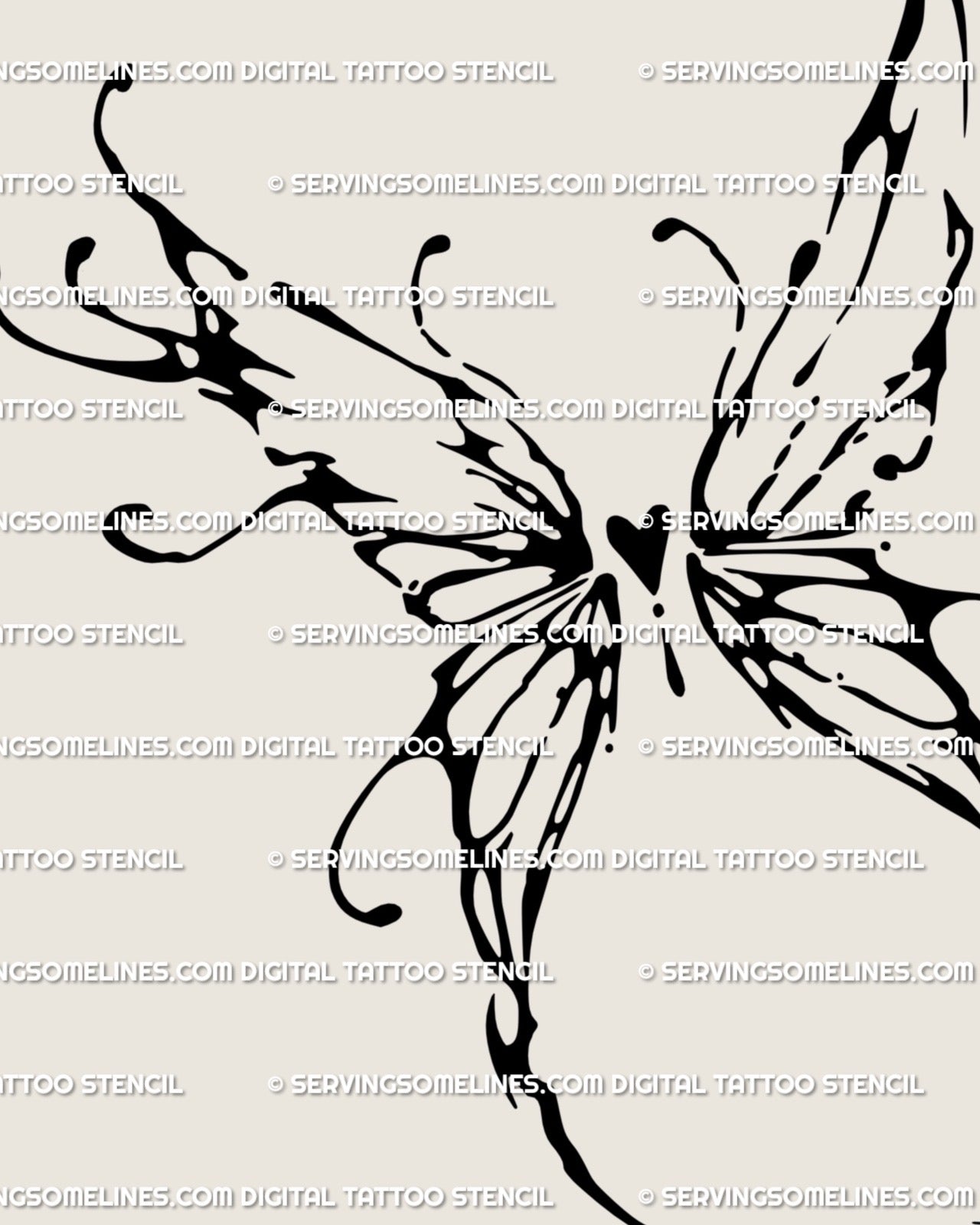 Small wing tattoo stencil close detail, heart-centered symbolic design with cyber tribal linework and clean printable files.