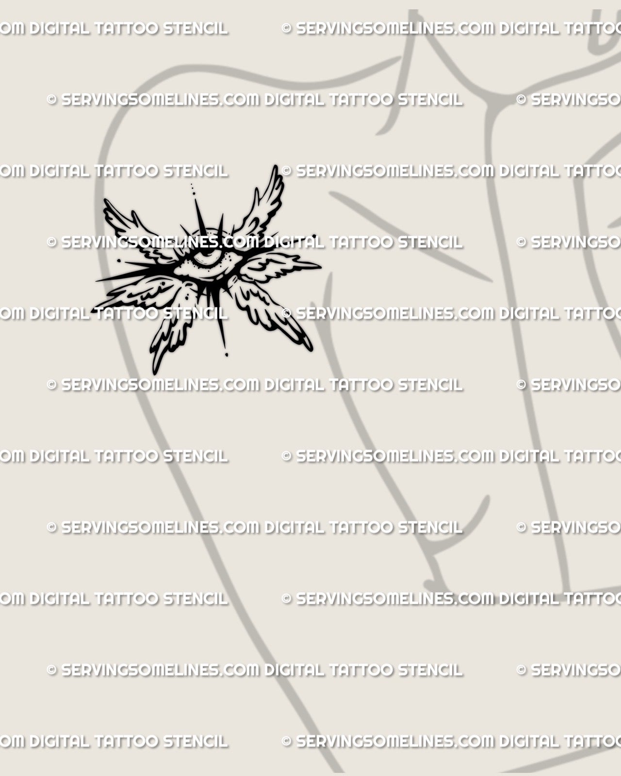 Small winged eye tattoo stencil preview displayed on woman’s shoulder, delicate seraphim design that fits naturally with shoulder curve.