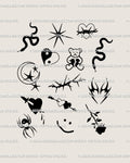 Small goth emo tattoo flash sheet packed with Y2K punk filler tattoo designs, gothic hearts, snakes, stars, and tiny blackwork icons.