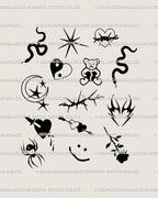 Small goth emo tattoo flash sheet packed with Y2K punk filler tattoo designs, gothic hearts, snakes, stars, and tiny blackwork icons.