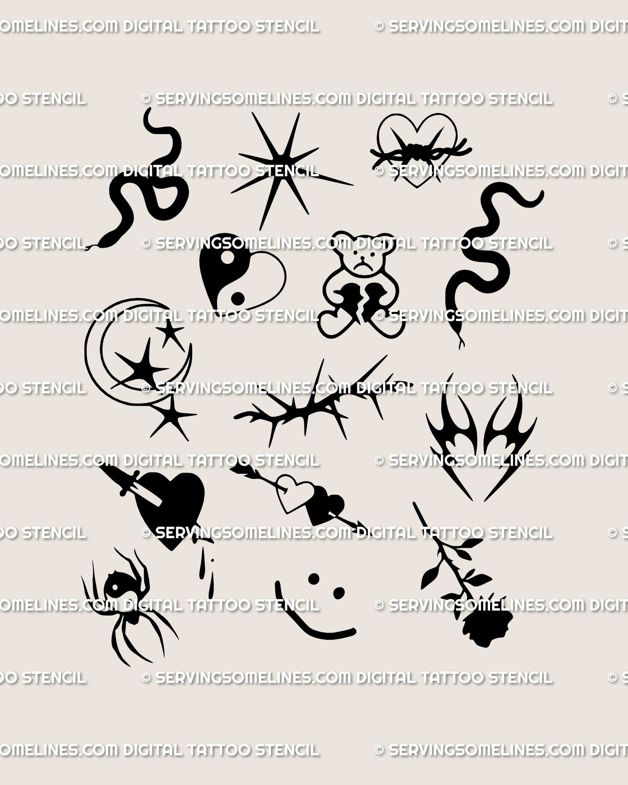 Small goth emo tattoo flash sheet packed with Y2K punk filler tattoo designs, gothic hearts, snakes, stars, and tiny blackwork icons.